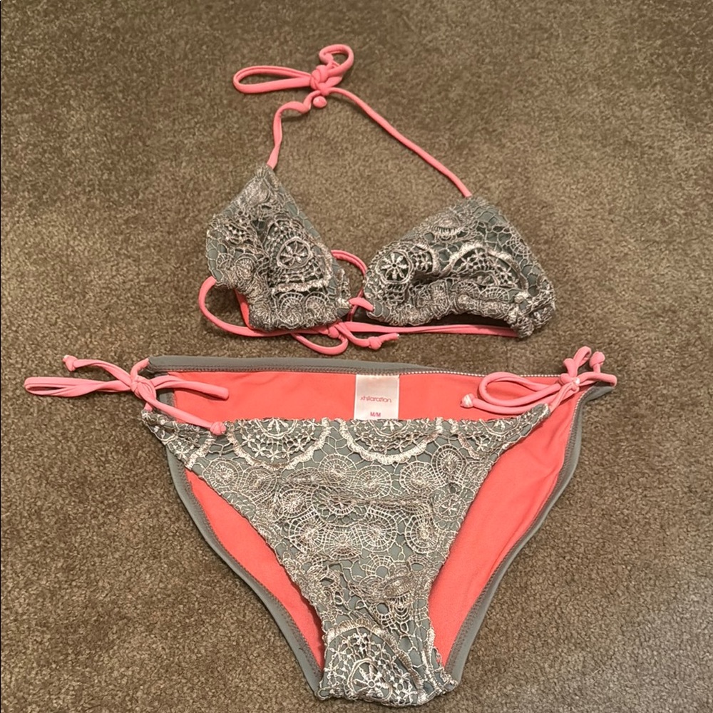 Exhilaration  Coral and Gray Lace Bikini